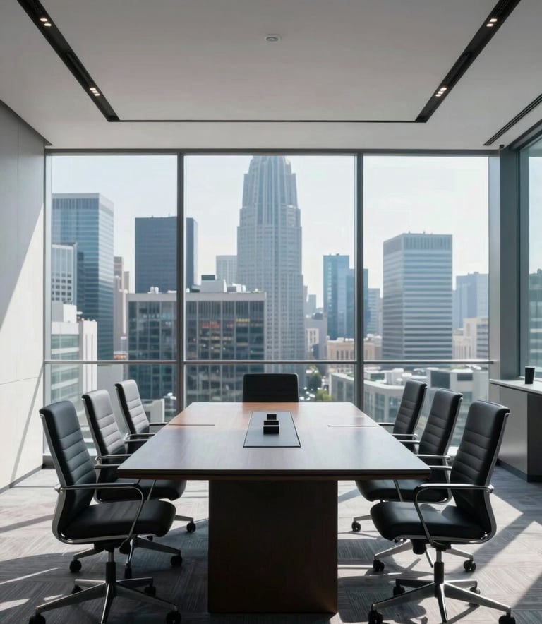 A wide-angle professional photograph of a sunlit, modern boardroom overlooking a global financial hub. The composition is clean and symmetrical, featuring minimalist furniture. International Financial Market / Professional atmosphere with subtle medium blue and light blue tones.