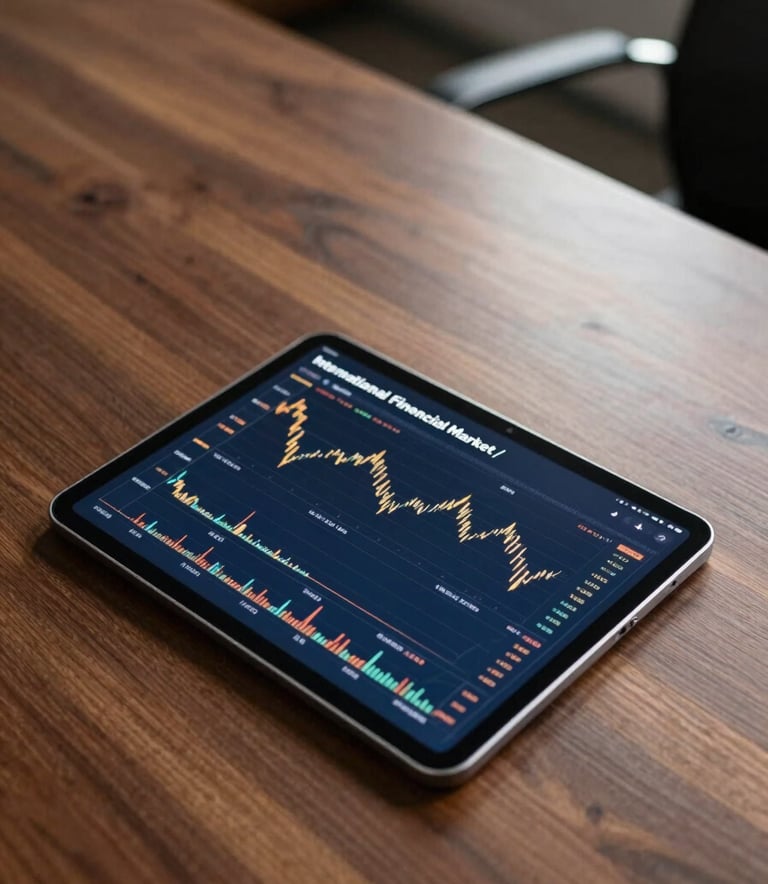 A high-angle professional photograph of a sleek mahogany desk in a corporate office with a digital tablet displaying financial market trends, deep navy blue and burnished gold lighting, International Financial Market / Professional.