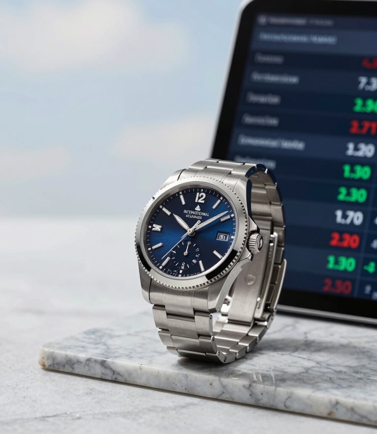 A sharp, professional photograph of a luxury watch next to a tablet showing currency exchange rates on a marble surface, slate blue and soft sky white palette, International Financial Market / Professional.
