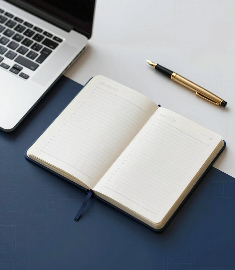 A top-down professional desk view featuring a laptop, an organized planner, and a gold fountain pen. The background features subtle Arabic geometric patterns in light grey and navy tones, representing academic discipline and success.
