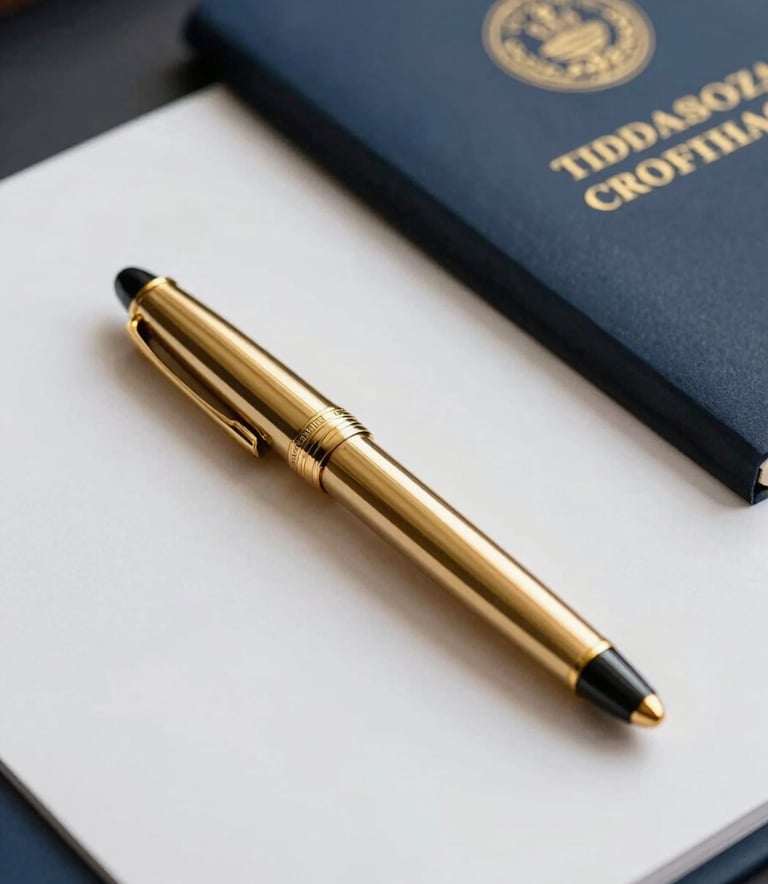 A close-up, high-end professional photograph of a premium gold fountain pen resting on a crisp white academic certificate. The lighting is soft and cinematic, with deep navy blue (#0F1E3D) accents in the background shadows and soft gold (#C9940A) highlights reflecting off the pen. The mood is sophisticated and official.