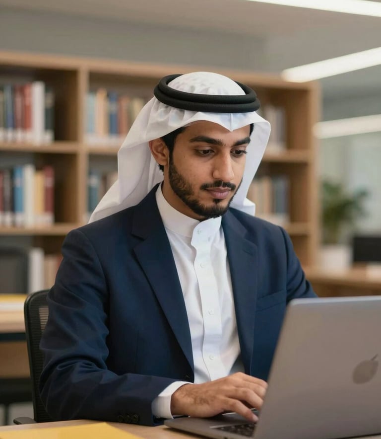 A professional portrait of a Saudi student looking focused while working on a sleek laptop in a modern, clean library setting. The background features blurred bookshelves with a sophisticated lighting setup. Colors incorporate subtle hints of navy (#0F1E3D) and gold (#C9940A) through office accessories and lighting.