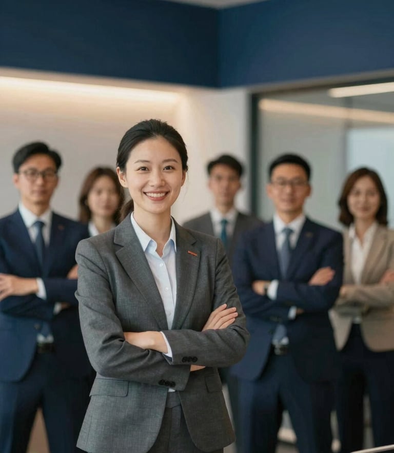 A group of professional academic experts in a modern, sophisticated office setting. The scene features a clean aesthetic with navy blue architectural elements and warm lighting, conveying confidence, expertise, and a premium atmosphere.