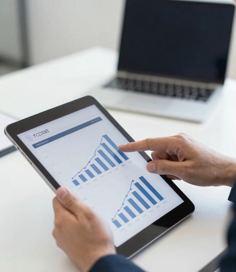 A close-up of a business professional's hands using a tablet to review a managerial growth chart. The lighting is clean and professional, with a color palette emphasizing #1C2D3B and #F6F8FA. The setting is a modern, high-end office environment.