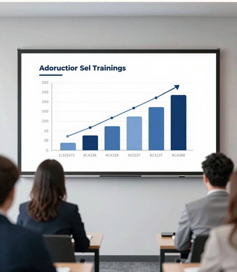 A high-end corporate training room with a modern whiteboard showing a professional growth chart. The lighting is bright and professional, utilizing colors #3E5A73 and #8CA3B8. Sophisticated and clean composition.