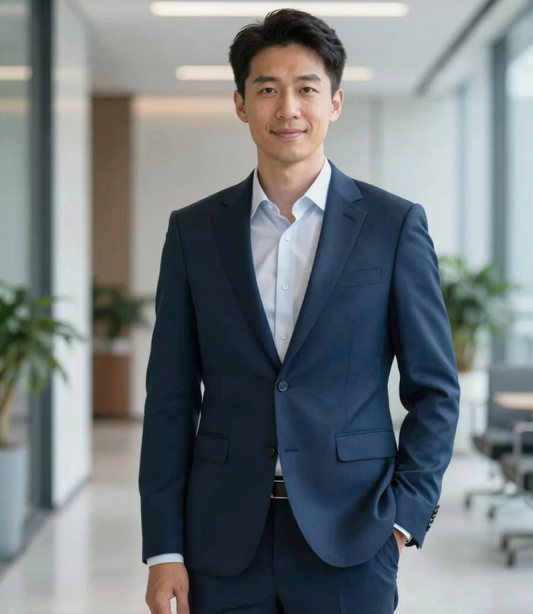 A professional portrait of an executive leader in a tailored suit, standing in a contemporary office hallway. Clean lines, soft lighting, reflecting the brand mood of trustworthiness and modern style. Incorporates colors #3E5A73 and #F6F8FA.