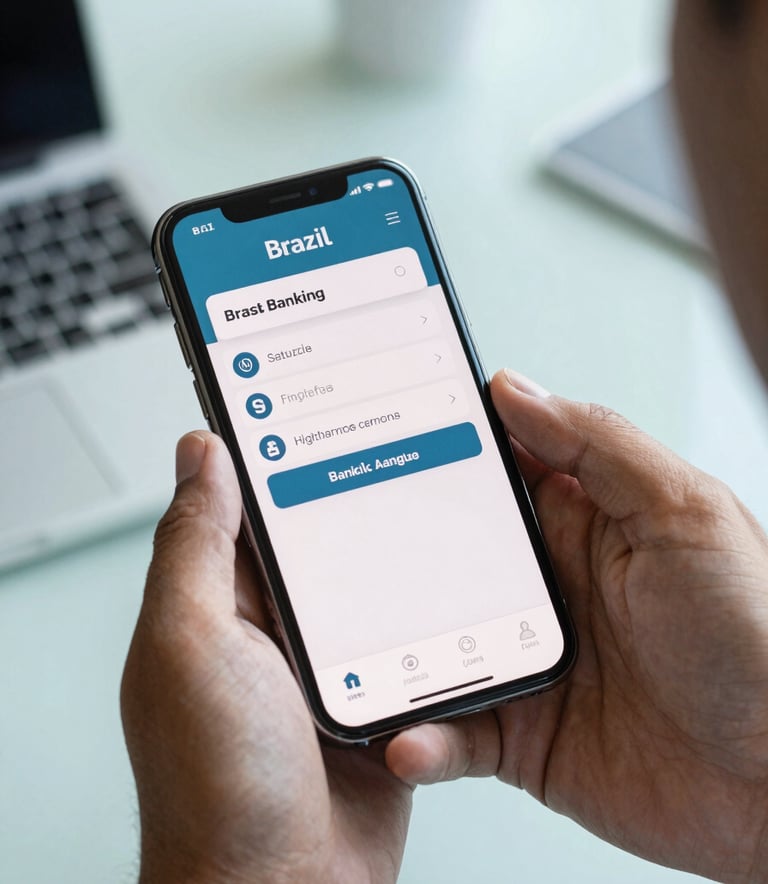 Photography of a Brazilian person's hands holding a smartphone, displaying a clean and modern banking application. The background is a soft-focus professional workspace in light blue tones.