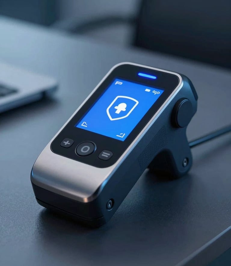 A close-up of a sleek digital security device or biometric reader in a modern South American office setting, symbolizing safety and technology. Professional lighting with medium blue and dark blue accents.