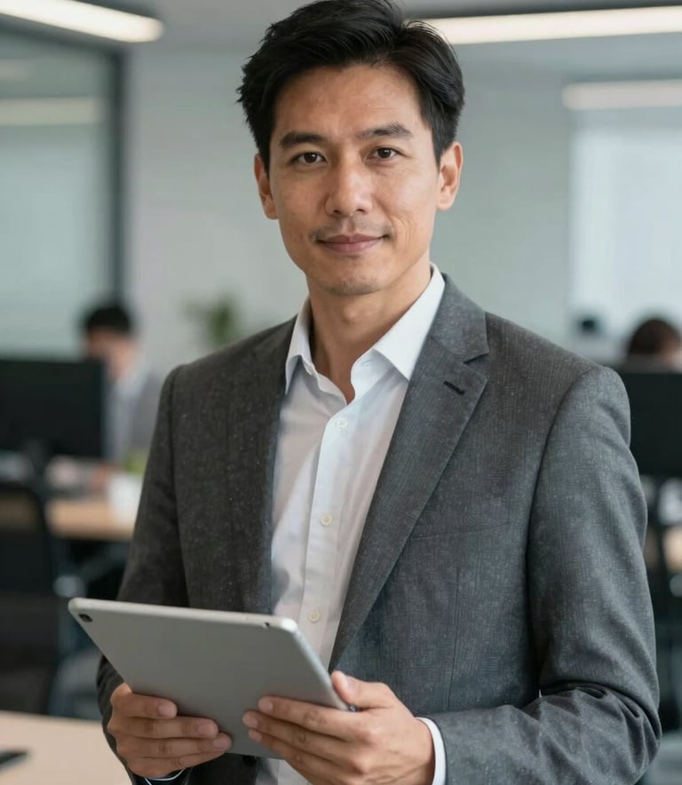 A portrait of a confident professional in a business suit inside a modern South American office setting. The person is holding a tablet with a neutral, professional expression. The background is a blurred tech workspace with soft gray and medium blue highlights.