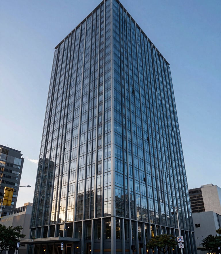 A wide-angle photography of a modern, glass-walled office building in a major South American business district during sunrise. The lighting is crisp and professional, reflecting deep blue and light blue tones of the sky. The environment is clean and sophisticated.