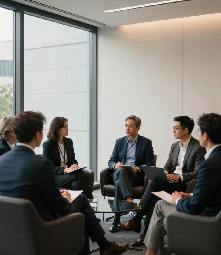 A group of professional strategists collaborating in a sleek North American / US conference room with glass walls. Soft natural light illuminates pearl-colored walls and charcoal-toned furniture, creating a sophisticated and innovative atmosphere.