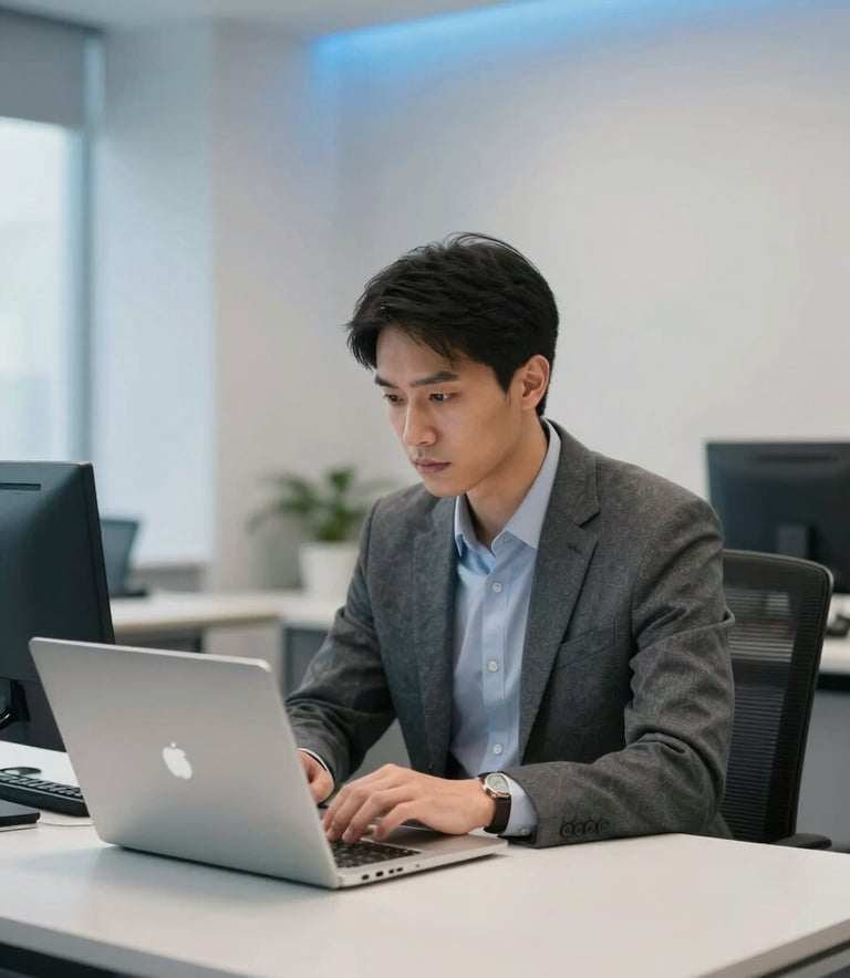 A professional in a modern North American / US corporate office, working diligently on a high-end laptop at a minimalist desk. The scene features soft blue lighting accents and pearl-colored walls, conveying a clean and focused mood.