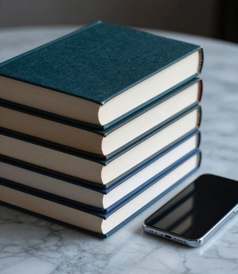 A stack of high-quality hardcover books next to a modern smartphone on a marble surface in a North American / US professional setting, featuring dark charcoal teal and soft steel blue accents.