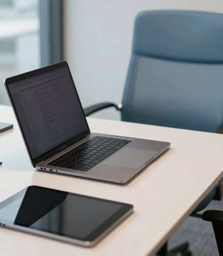 A sleek workspace in a North American / US office with a focus on a high-end laptop and tablet, off-white desk, muted slate blue office chair, professional atmosphere.
