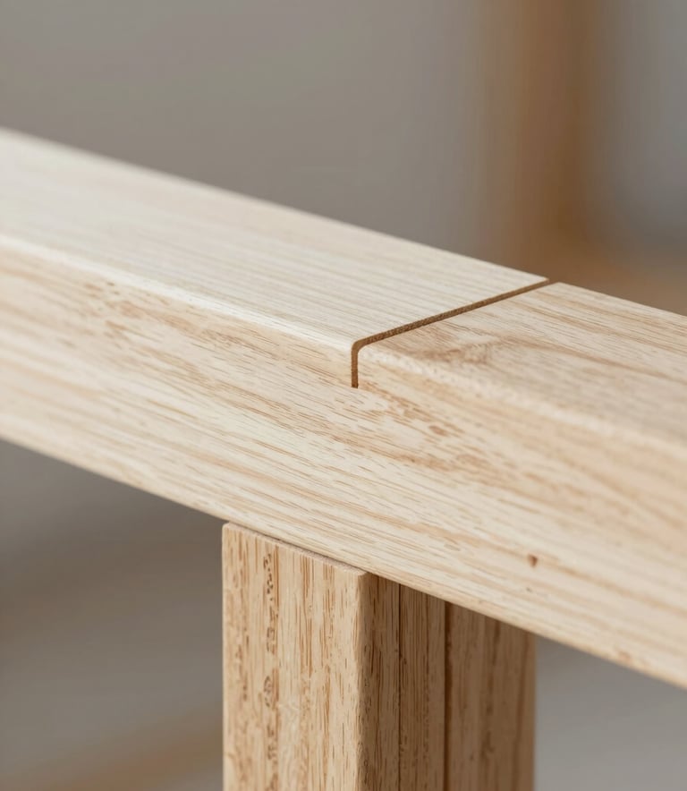 A close-up macro shot showcasing the meticulous detail of a perfectly joined timber joint in a modern home extension. The wood grain is rich and clean, highlighting refined craftsmanship. The lighting is bright and professional, utilizing a palette of #FFFFFF and soft #222222 shadows to emphasize quality workmanship.