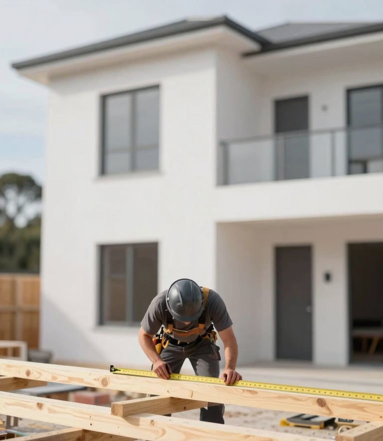 A wide, clean shot of a modern residential construction site in Melbourne. A carpenter in professional workwear is precisely measuring high-quality timber for an extension. The aesthetic is clean and modern, with bright natural lighting and a color scheme of #FFFFFF, #E8E8E8, and #222222.