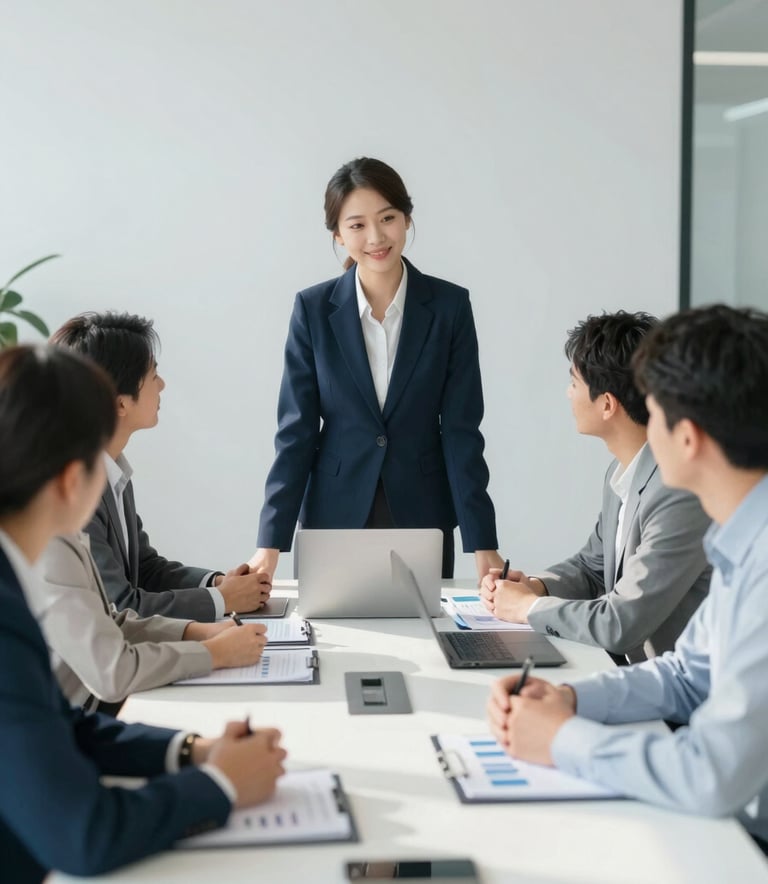 A professional team meeting around a conference table in a sunlit office, focusing on collaboration and financial planning, with a clean and minimal aesthetic featuring tones of blue and white.