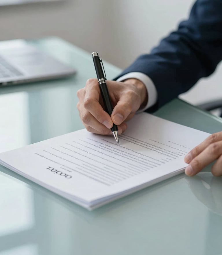 A close-up of a professional's hand signing an official financial document on a clean glass desk, reflecting a secure and transparent business environment, using a color palette of navy and cool grays.