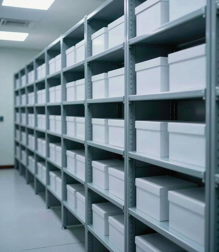 A high-security document storage facility with rows of organized steel shelving in a professional environment. The lighting is crisp and efficient, dominated by muted steel blue and cool frosted white tones, conveying a sense of absolute protection and expert management.