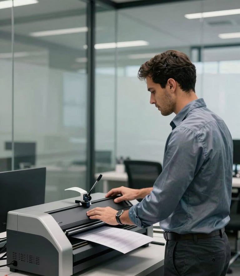 A modern professional office setting in Belo Horizonte with glass walls. A specialist in a muted steel blue shirt is operating a high-end industrial document scanner. The atmosphere is sophisticated, clean, and highly efficient.