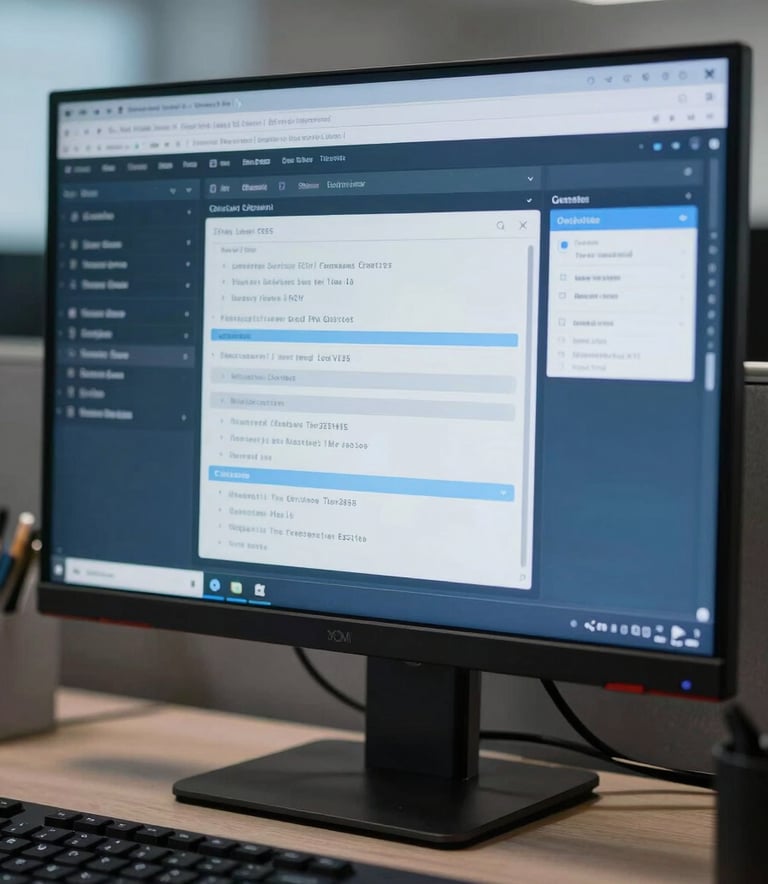 A sleek computer monitor in a corporate office environment showing an organized ECM software interface, with soft blue and navy blue color tones, reflecting professional data management.