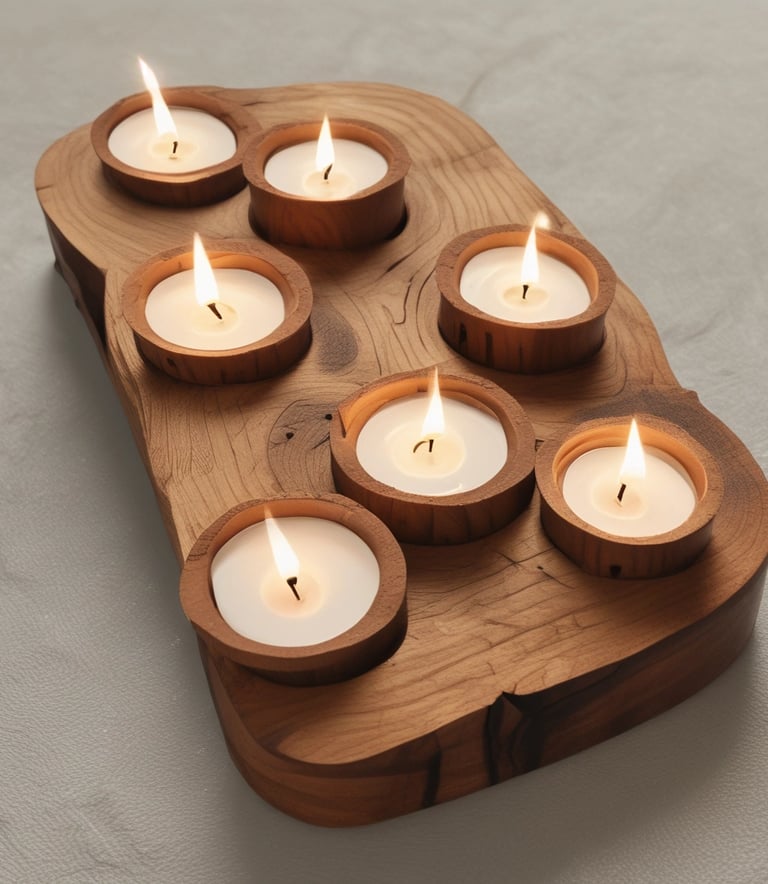 Close-up of a rustic wooden tea light candle holder glowing softly on a cozy windowsill.