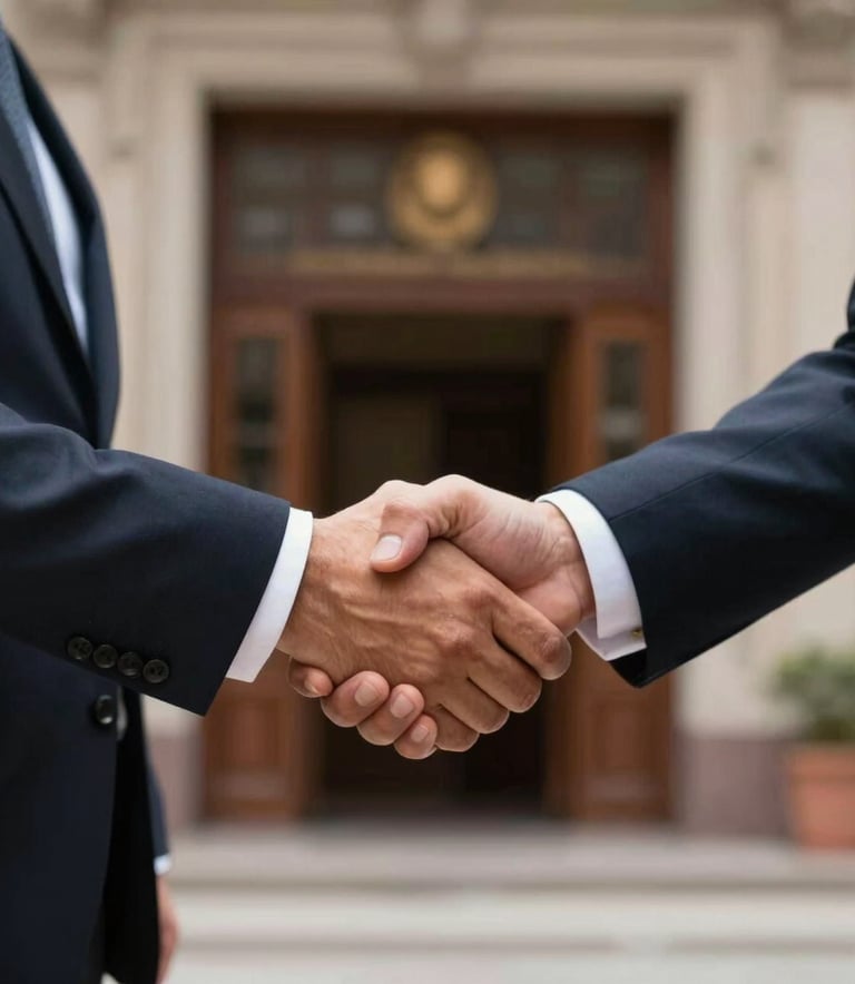 Primer plano de un apretón de manos profesional entre dos personas de negocios en Guadalajara, contexto North American / Mexican, vestimenta formal elegante, fondo desenfocado de una oficina de clase mundial.