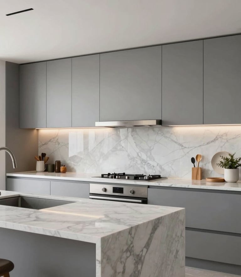 Modern minimalist kitchen interior with marble countertops and slate gray cabinetry, bright and airy Mexican luxury home atmosphere, professional interior photography.