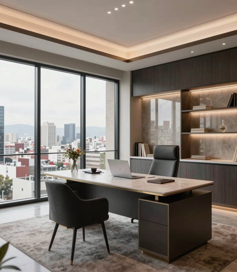 Interiores de una oficina inmobiliaria de lujo en Guadalajara, estilo moderno North American / Mexican, muebles elegantes en color Slate y Silver, ventanales grandes con vista a la ciudad, iluminación profesional y sofisticada.