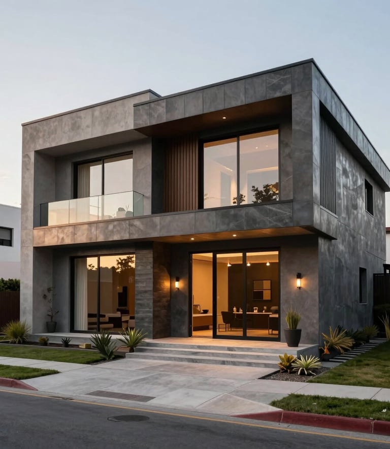 Detailed architectural photography of a modern luxury home exterior in Guadalajara, Mexican contemporary style, sunset lighting, clean lines, steel gray and slate gray textures, high-end residential neighborhood.