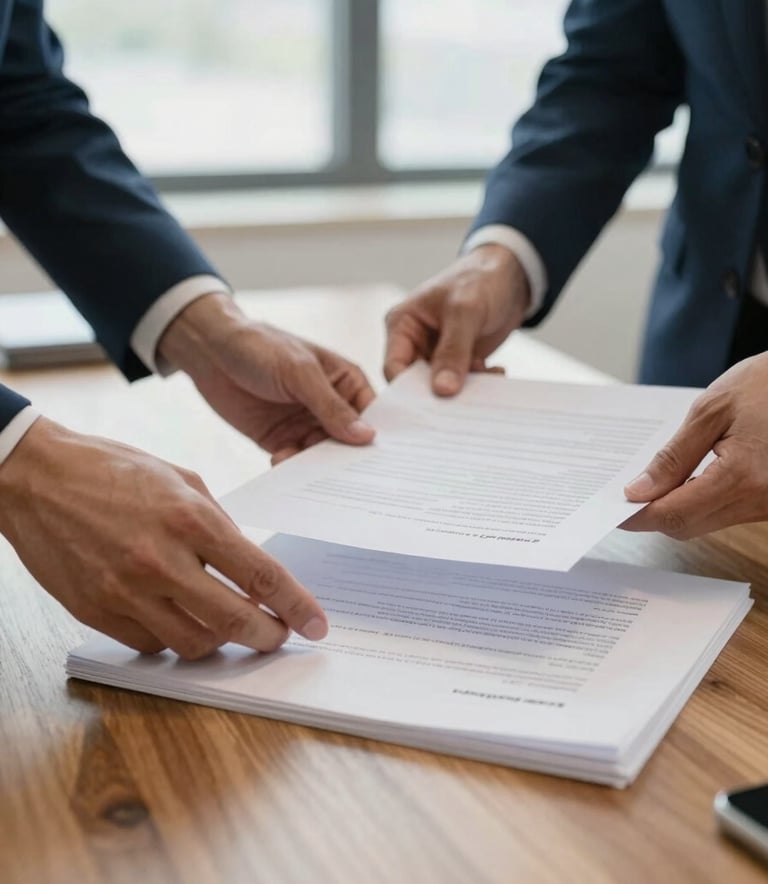 A close-up photograph of professional hands organizing high-quality documents and contracts on a polished wooden desk in a bright, modern European / Portuguese office. The scene is illuminated by soft, natural light, highlighting the meticulous attention to detail with muted blue and off-white tones.