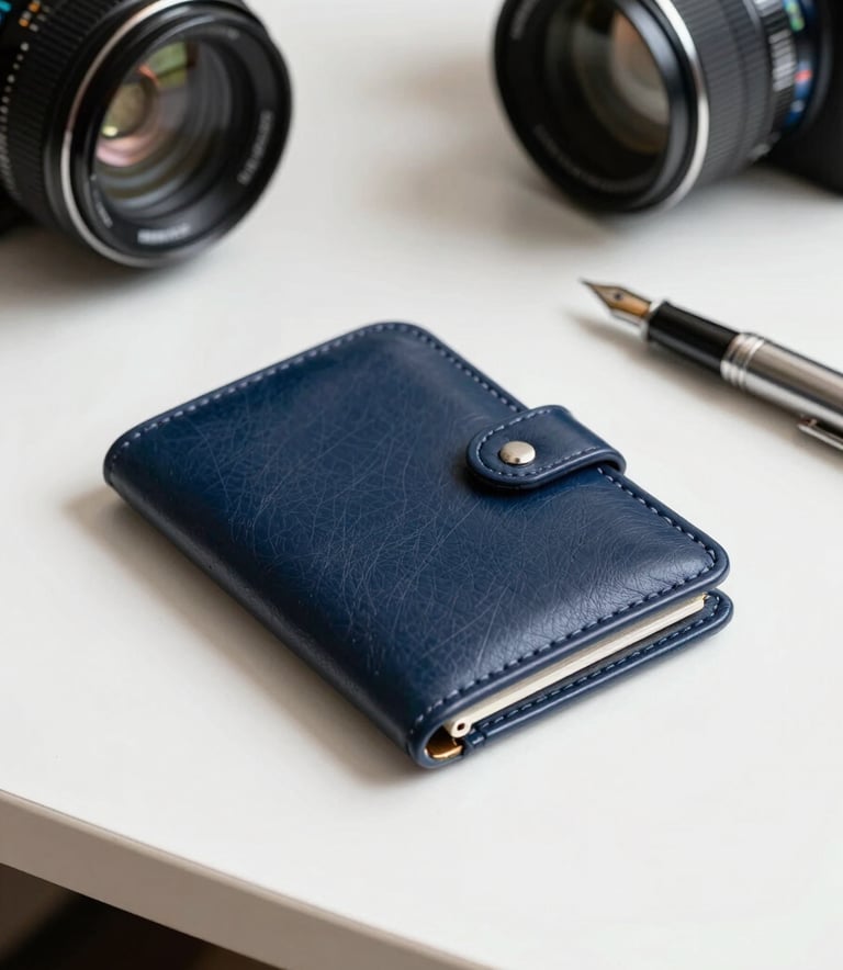 Close-up photography of a high-quality navy blue leather folder and a silver fountain pen on a white desk. Professional and organized aesthetic in a European / Portuguese corporate style.