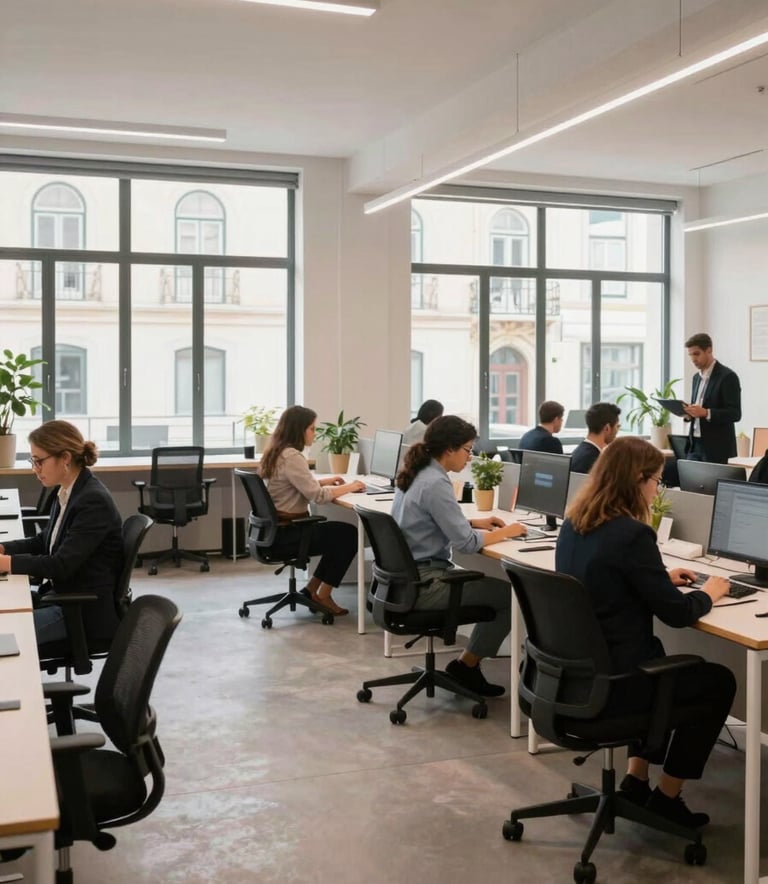 A wide shot of a modern, clean coworking space in Lisbon. Large windows, ergonomic furniture, and people in professional attire working efficiently. Bright, natural lighting in a European / Portuguese setting.