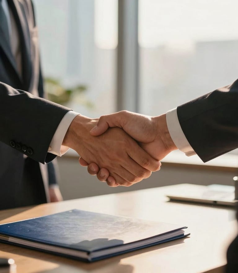 A close-up photograph of a professional handshake between two business people in a modern North American office. Warm golden sunlight filters through a window, highlighting a desk with a navy blue folder. Professional corporate attire and a sense of trust and partnership.