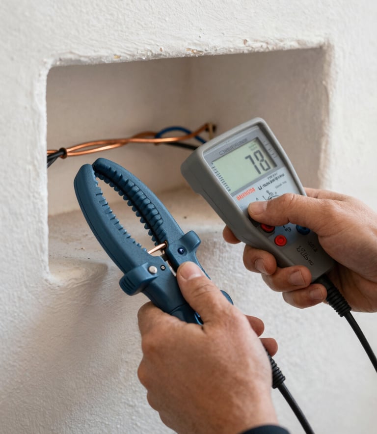 Close-up photography of professional hands using a digital ammeter clamp on copper electrical wiring inside a Spanish / Andalusian home. Soft daylight, clean composition, showing technical expertise with gray-blue tools.