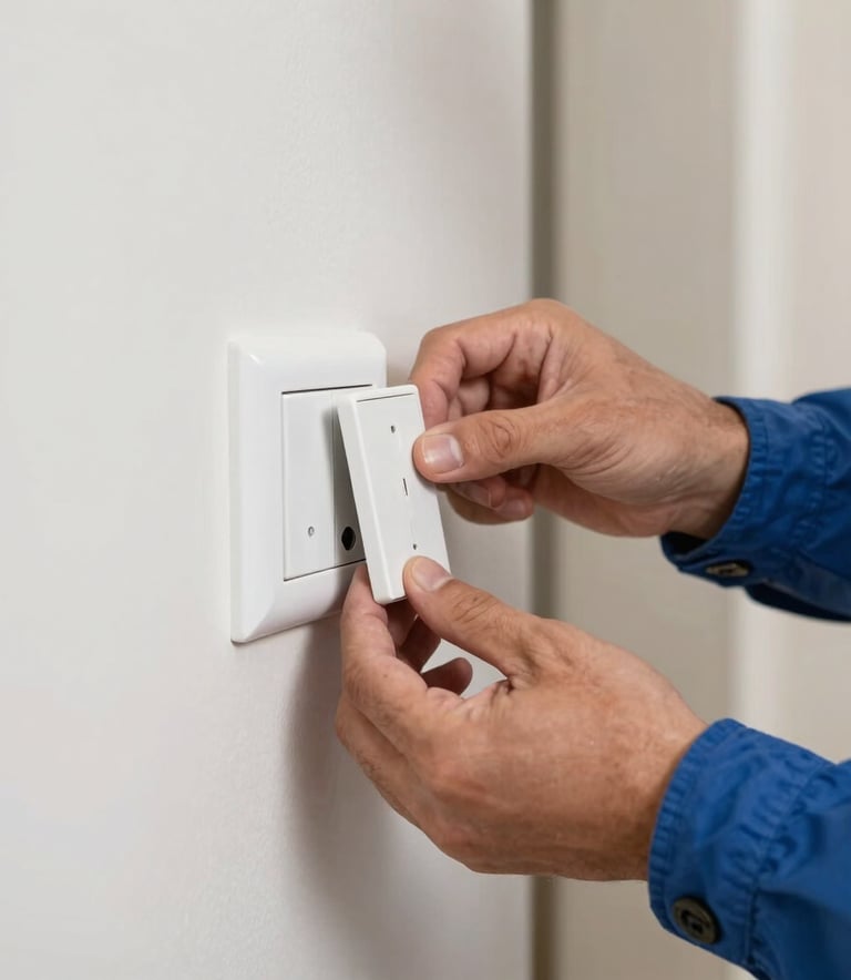 Close-up of hands expertly repairing a white wall switch in a modern Spanish / Andalusian home. The lighting is bright and clean, showing precision and care. Muted blue work clothes visible against off-white walls.