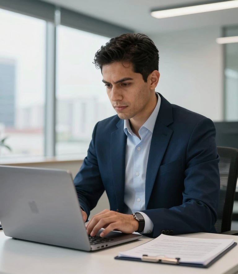 A focused professional in a modern office in a Latinoamericana city looking at a laptop screen, clean composition, soft natural light, professional atmosphere, navy blue and white office decor.