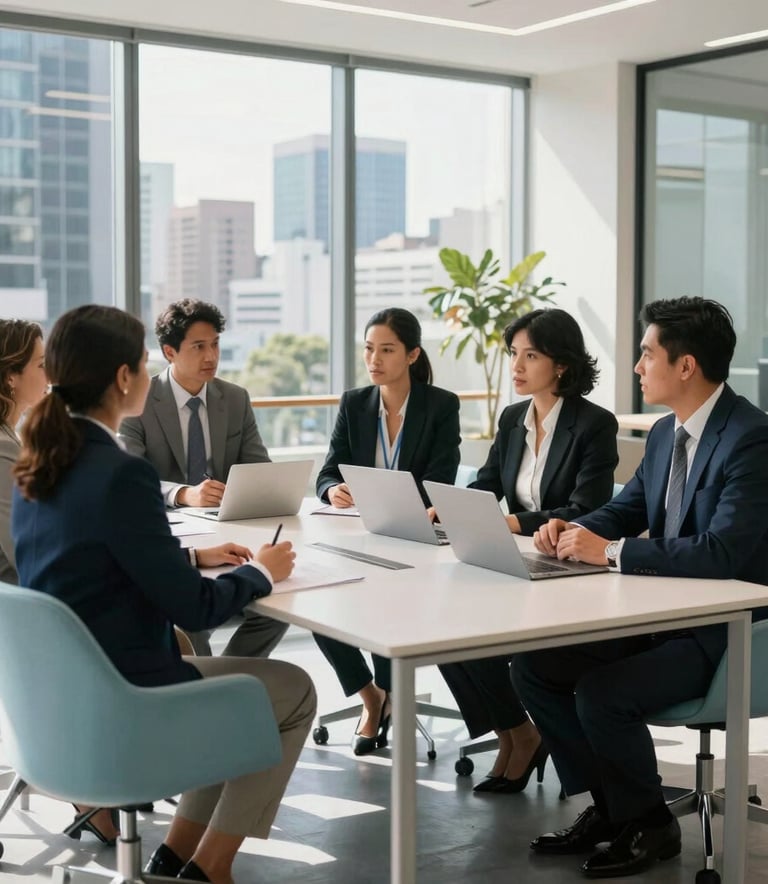 A group of professional business people in a modern, sun-lit office in a Latin American city, engaged in a collaborative strategy meeting. The atmosphere is professional and efficient, featuring clean lines and furniture in shades of light blue and white.