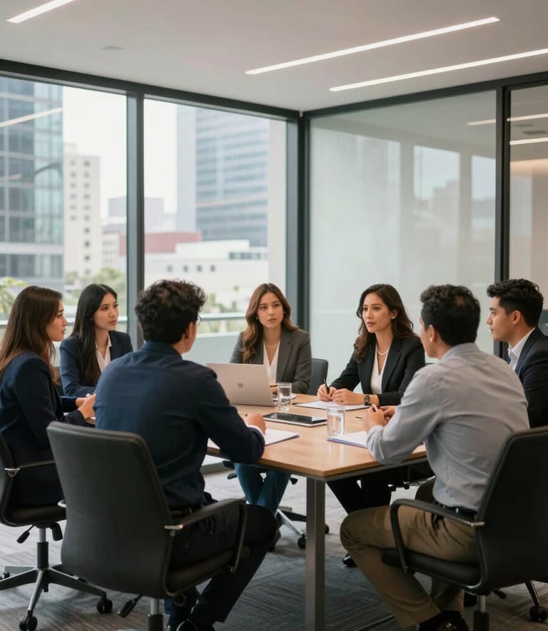 A collaborative meeting room in a Latinoamericana business district, glass walls, modern furniture, professional team collaborating, bright and airy lighting.