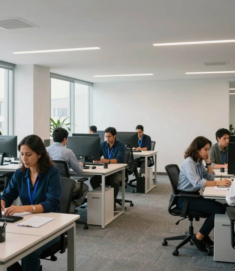 A wide shot of a modern, open-plan office in Latin America where professionals work with focus and synergy. The design is contemporary and minimalist, with natural light and a palette of professional blues and whites.