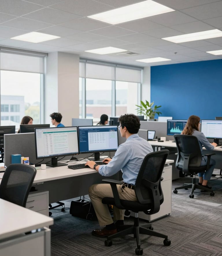A wide photography shot of a bright, modern North American healthcare administration office. A professional sits at a clean desk with multiple monitors displaying data analytics, wearing business casual attire. The lighting is natural and crisp, with royal blue office accents.