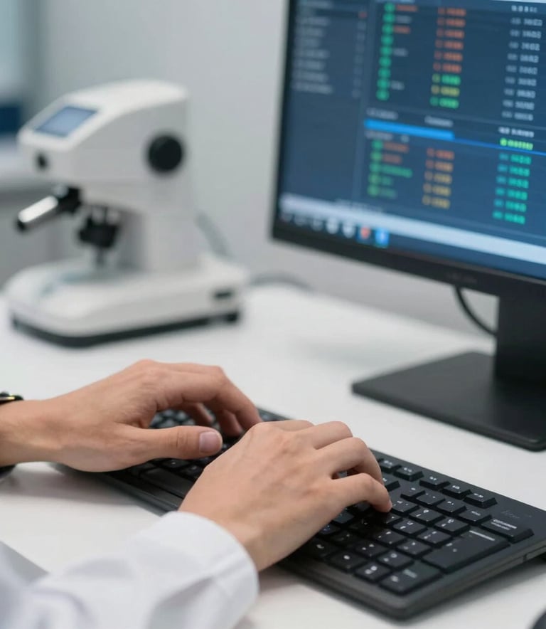 A close-up photograph of a professional in a North American medical office setting, typing on a modern keyboard with a blurred financial dashboard visible on the screen. The lighting is clean and professional, emphasizing a focused, data-driven environment with a color palette of white and royal blue.