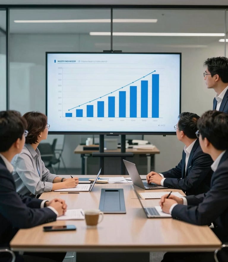 A group of professional consultants in a sleek, glass-walled conference room in North America. They are looking at a presentation on a screen with grey and royal blue charts. The atmosphere is professional, focused, and data-driven.