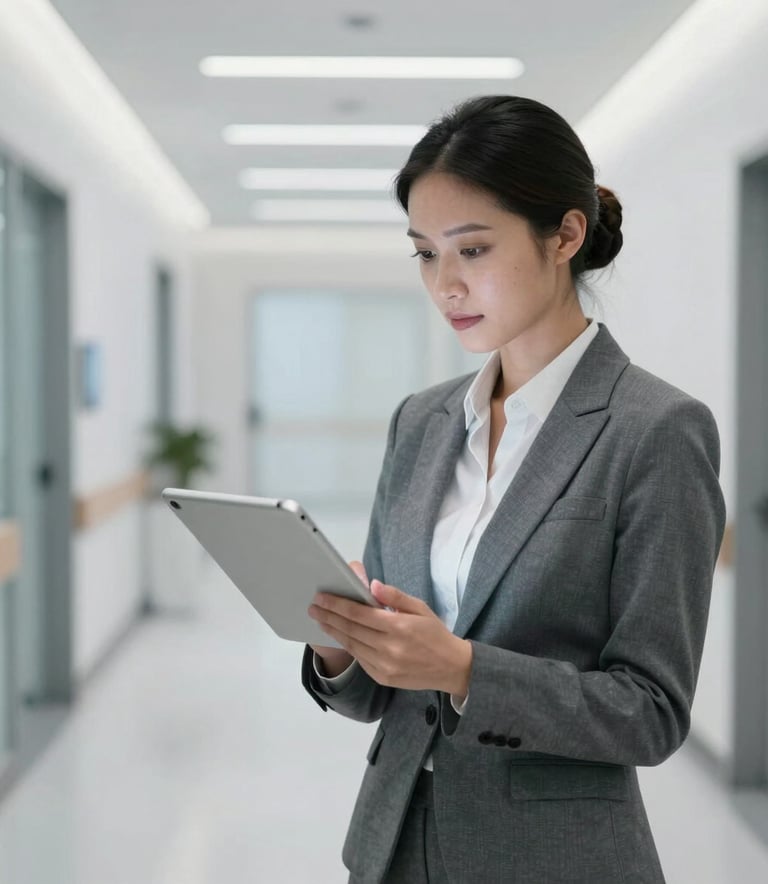 A professional North American woman in business attire looking at a tablet screen while standing in a high-tech medical facility hallway. The composition is clean and focused, reflecting confidence and data-driven expertise with soft lighting and grey and white tones.