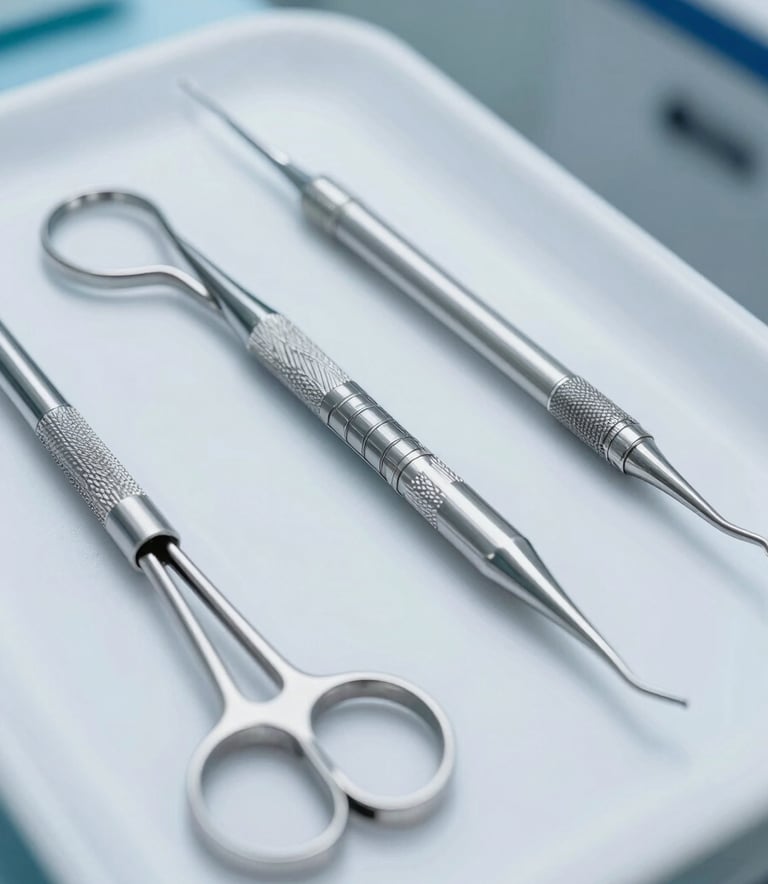 Professional close-up of gleaming stainless steel dental instruments on a sterile white surface. Lighting is bright and clinical, using shades of steel blue and light blue. A high-end North American / US dental office context.