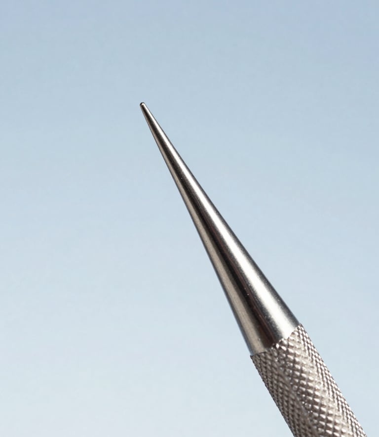 Macro photography showing the detailed texture and precision tip of a stainless steel dental surgical scaler. The background is a minimalist sky blue gradient. Clean, professional composition for a North American medical supplier.