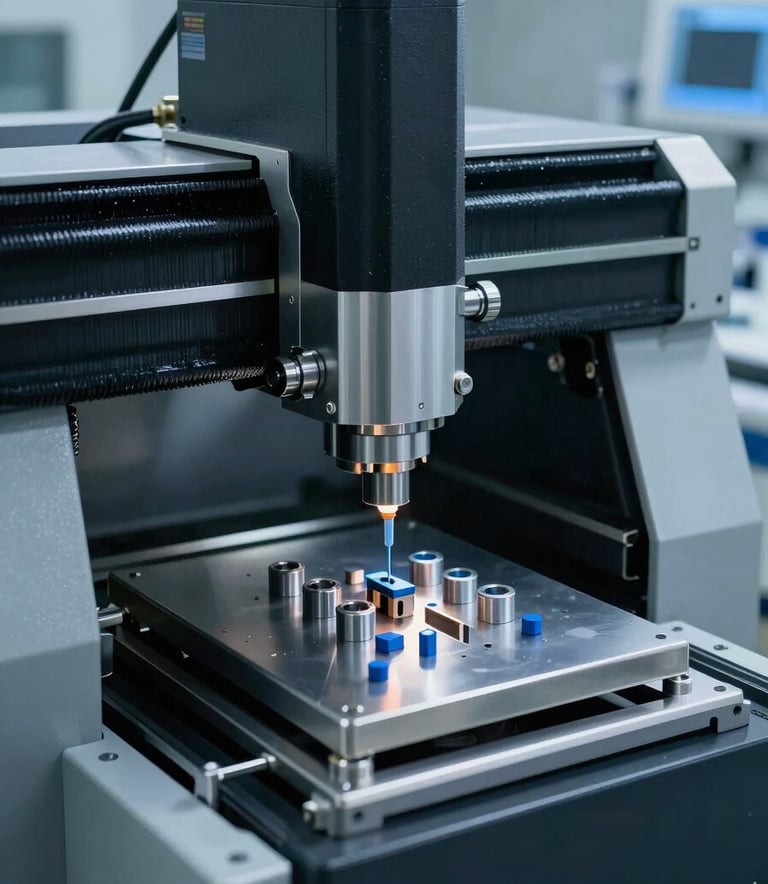 A high-tech laboratory environment in North American / US, showing a precision CNC machine crafting small medical components. Colors feature dark gray and steel blue with sharp, focused lighting and a clinical aesthetic.