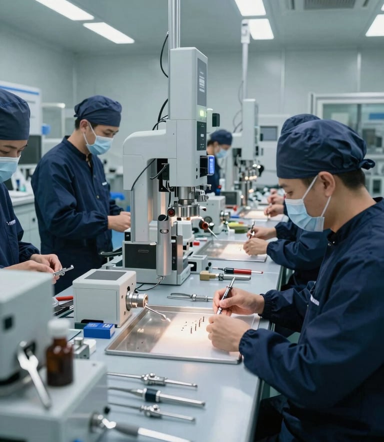 A wide shot of a sterile, high-tech manufacturing floor in the US where medical instruments are assembled. Employees are in professional lab attire. The lighting is bright and industrial. Palette includes slate blue and dark navy.