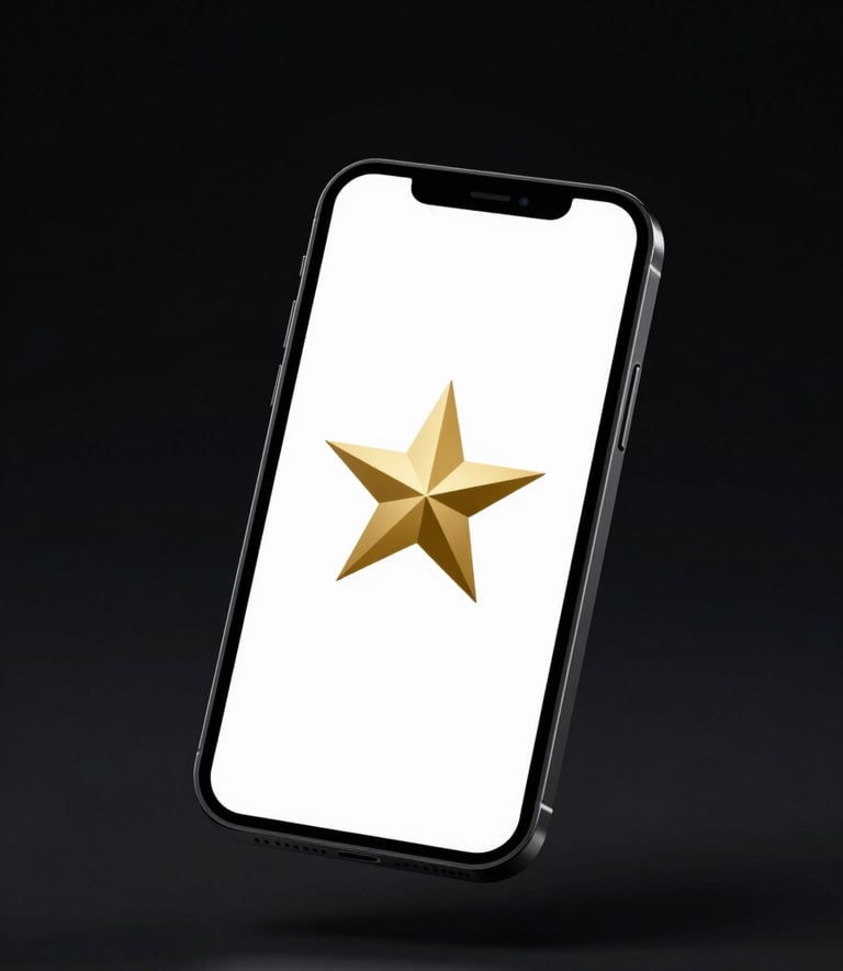 A minimalist studio shot of a smartphone floating in a dark void. The screen displays the NOVA Play Store logo—a stylized gold star. The lighting is dramatic and sharp, highlighting the premium glass and metal build of the device.