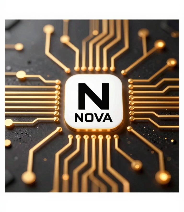 A high-tech digital security concept image showing glowing golden circuit lines on a dark obsidian background, symbolizing the safety and speed of the NOVA Play Store platform.
